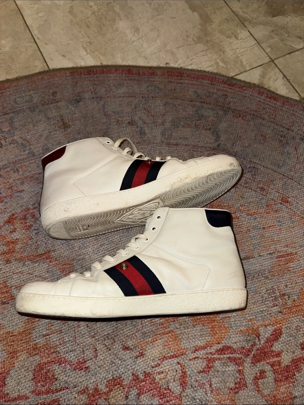Gucci White High-Top Sneakers with Red & Navy Web